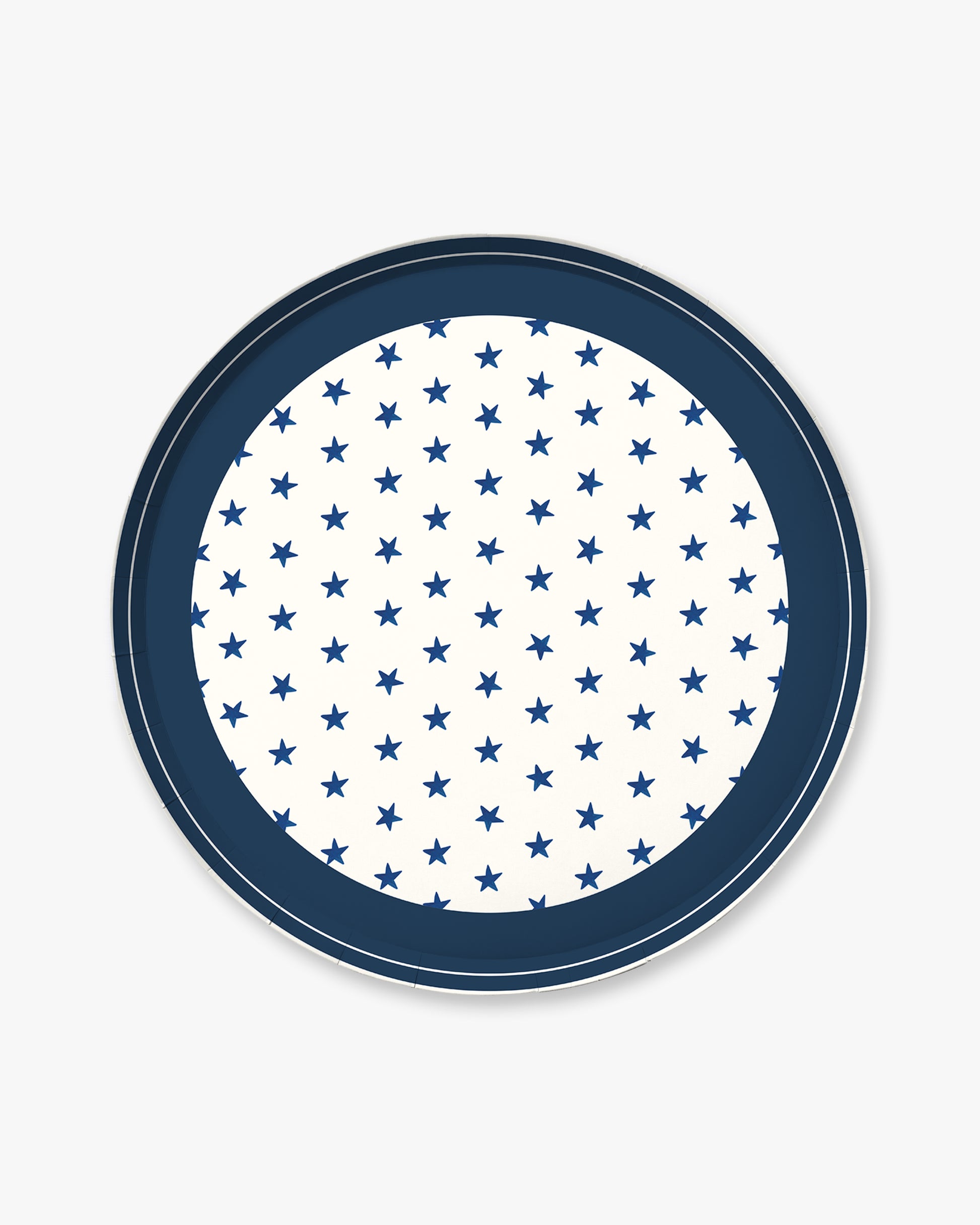 Round plate with blue star pattern on a white background