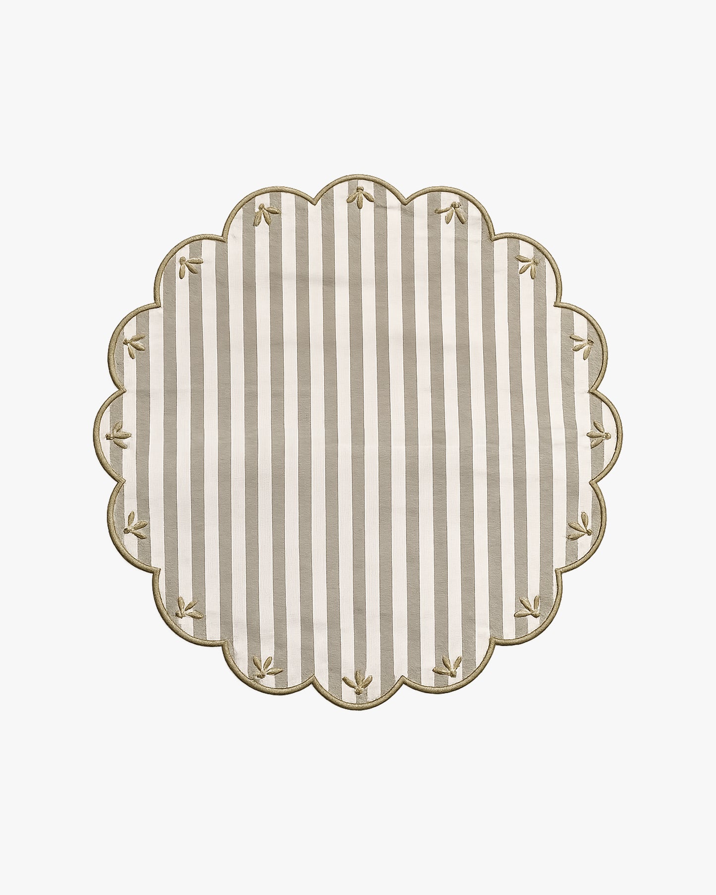 a green and white striped placemat with embroidery