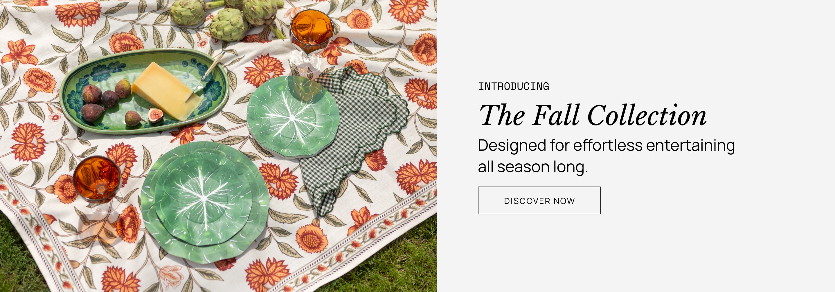 Outdoor setting with decorative plates and food on a patterned tablecloth, introducing 'The Fall Collection' for effortless entertaining.