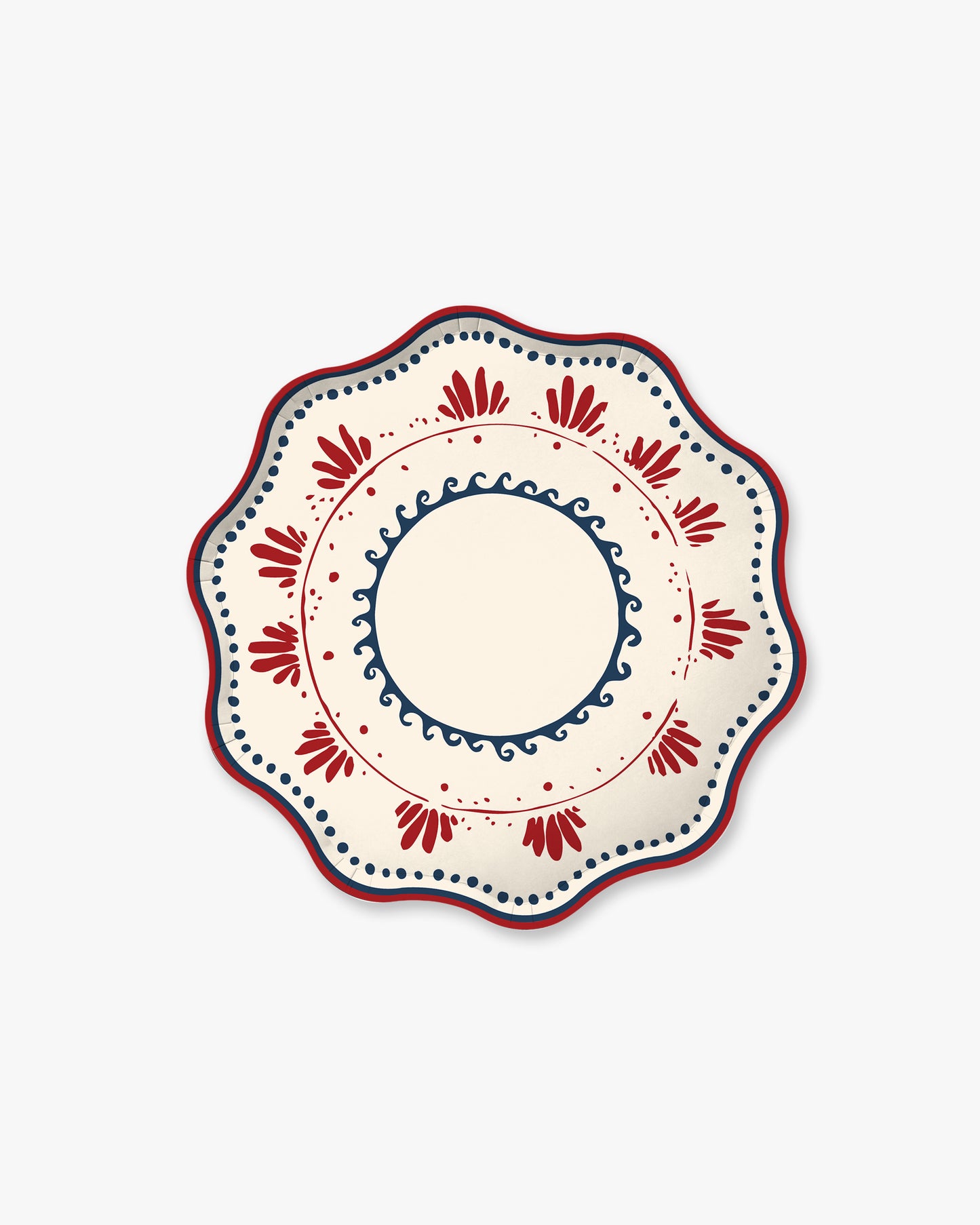 Decorative plate with red and blue patterns on a white background