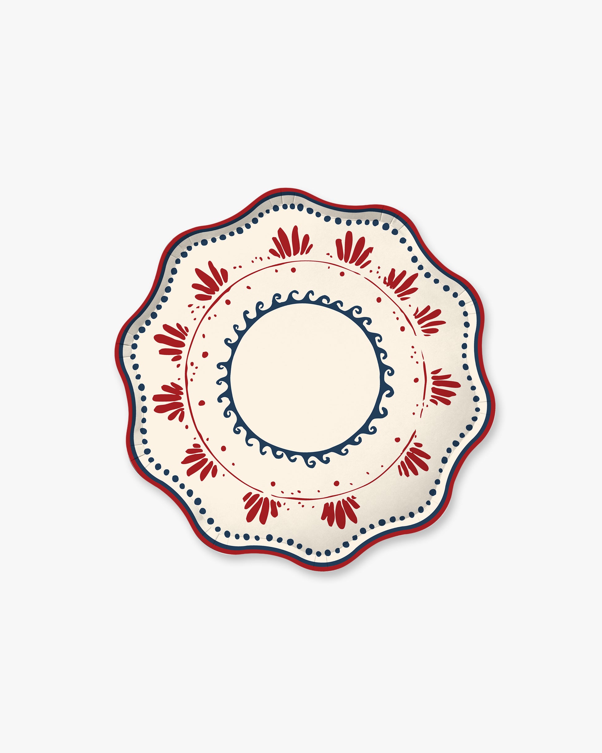 Decorative plate with red and blue patterns on a white background