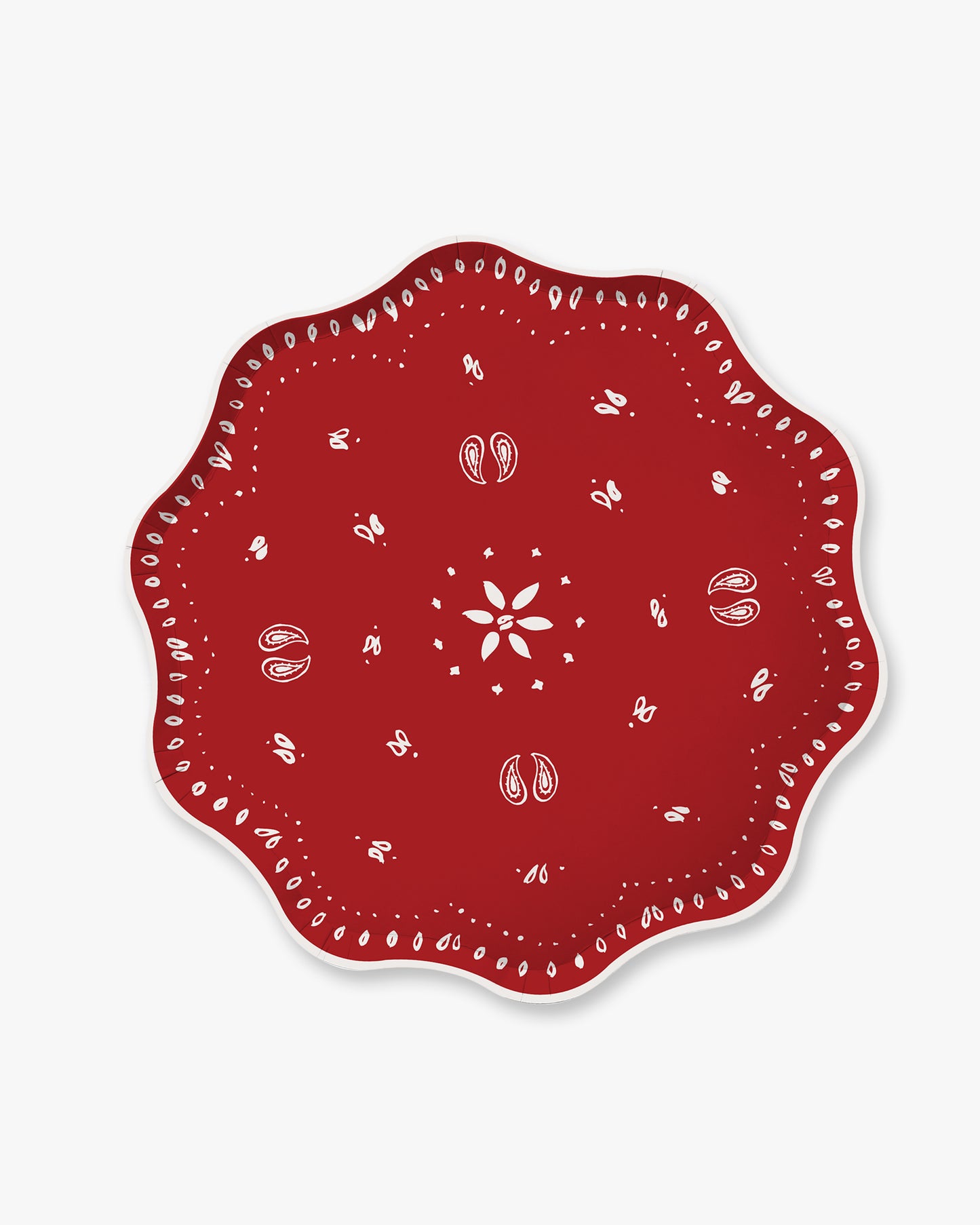A red plate with a bandana brint