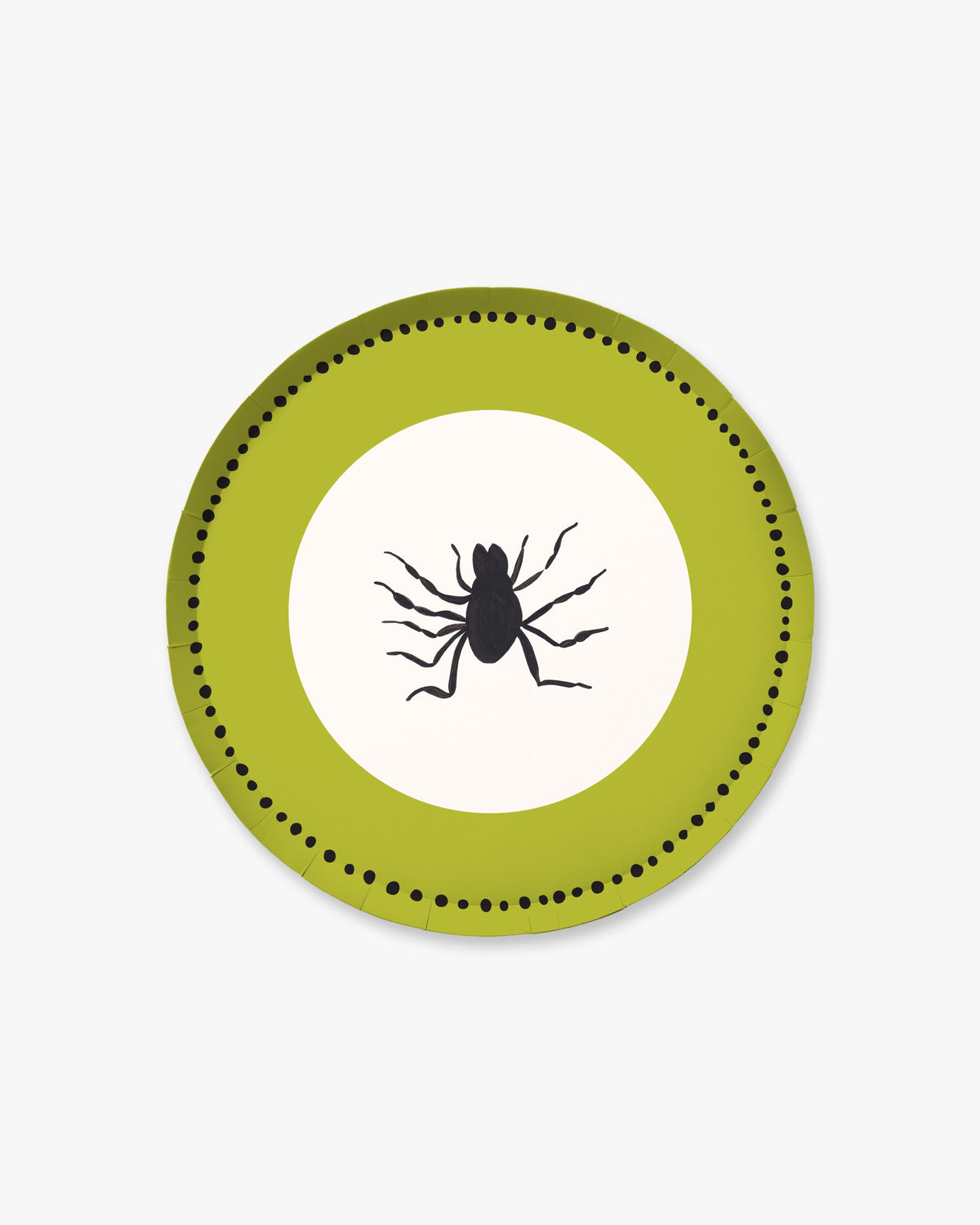 9-inch round decorative paper plate in chartreuse green with a black dotted border, white center, and black spider design.