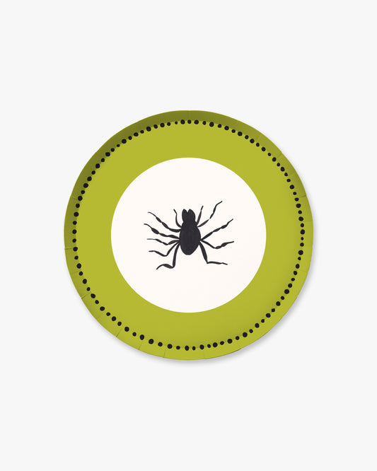 9-inch round decorative paper plate in chartreuse green with a black dotted border, white center, and black spider design.