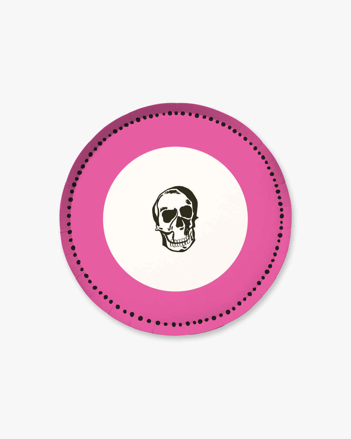 9-inch round decorative paper plate in electric pink with a black dotted border, white center, and black skull design.