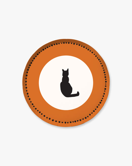 9-inch round decorative paper plate in pumpkin orange with a black dotted border, white center, and black cat silhouette.