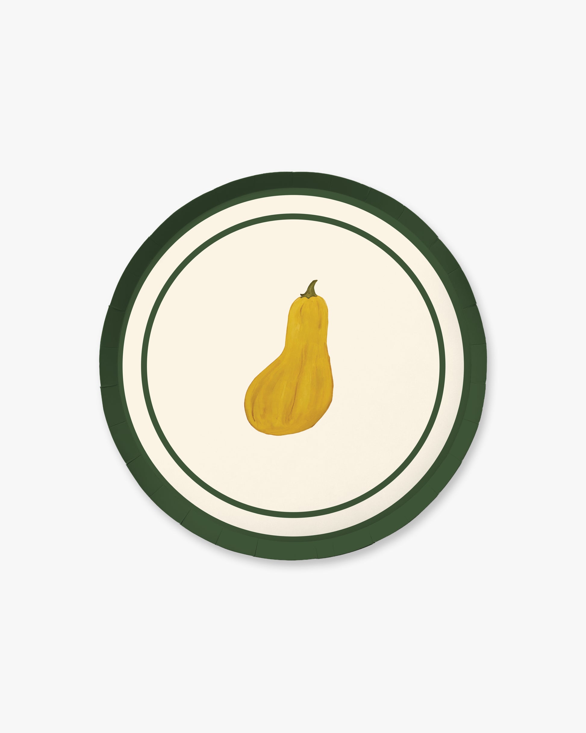 A round decorative plate featuring a yellow squash illustration in the center, surrounded by a cream background and a dark green border, shown on a light gray background.