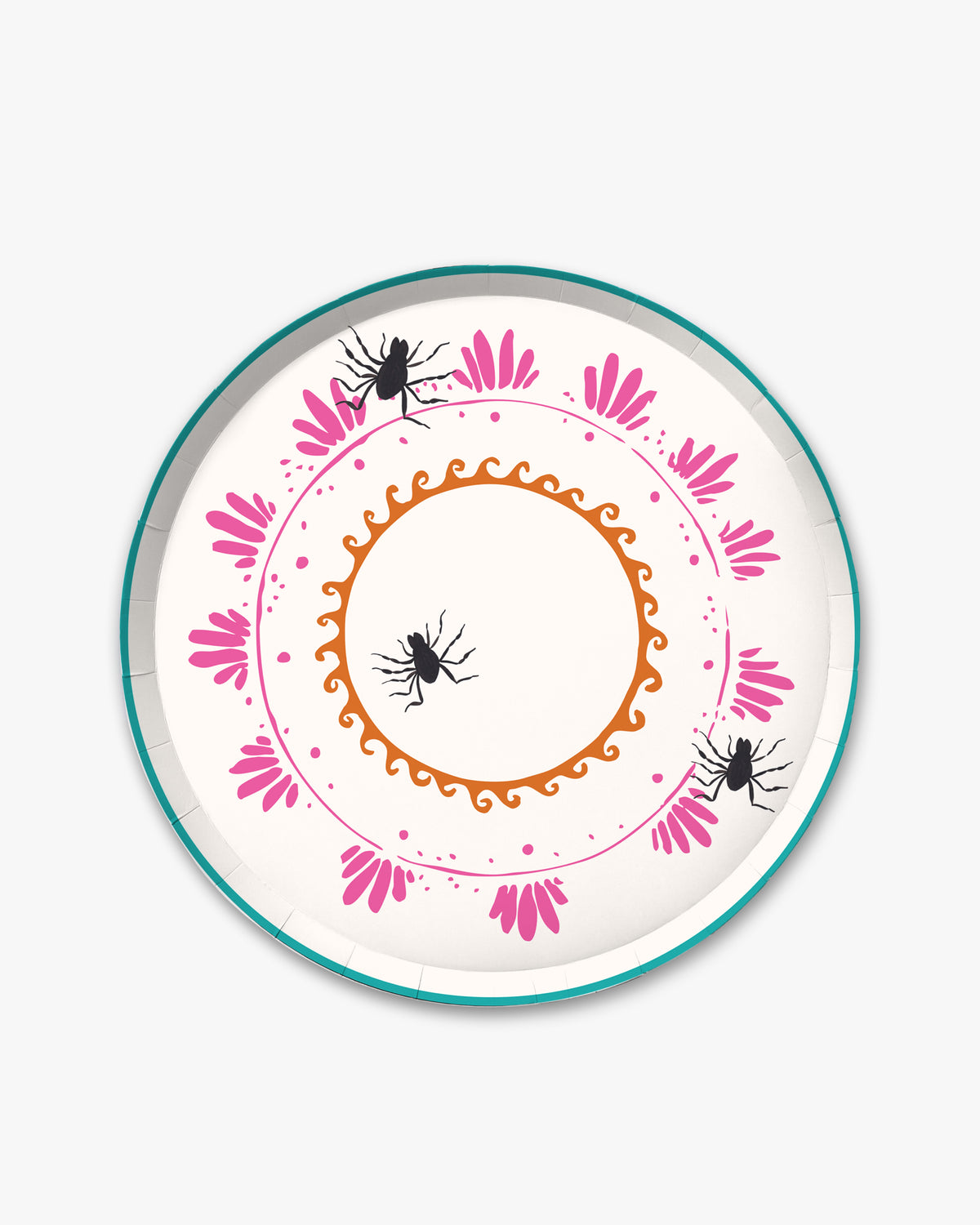 7-inch round decorative paper plate with a cream background, orange sun border, pink floral wreath, teal dotted circle, and three black spider illustrations.