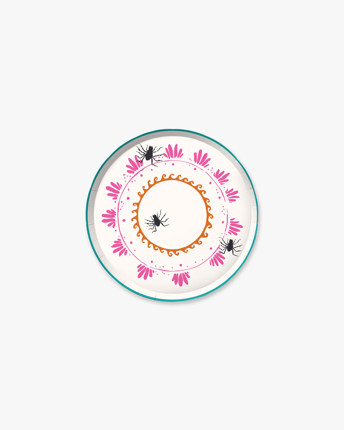 7-inch round decorative paper plate with a cream background, orange sun border, pink floral wreath, teal dotted circle, and three black spider illustrations.