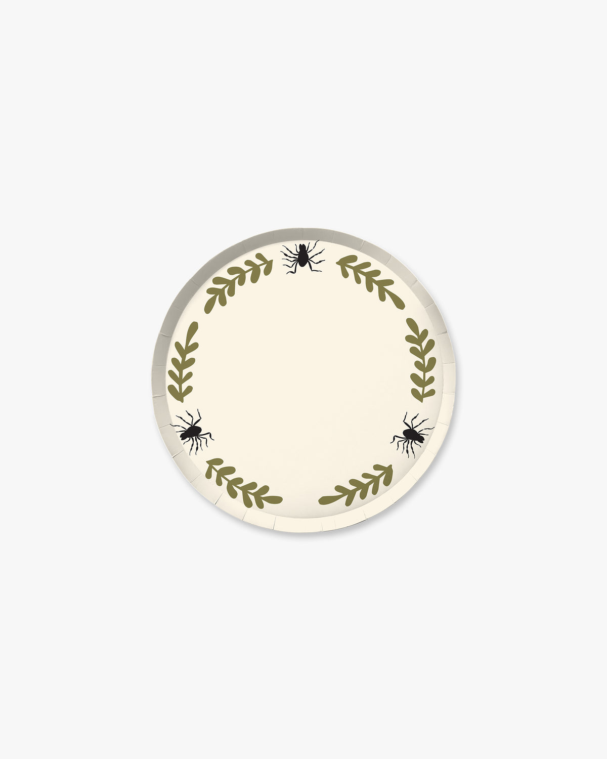 Cream colored paper plate with olive colored fern stem border and black spider detailing. 