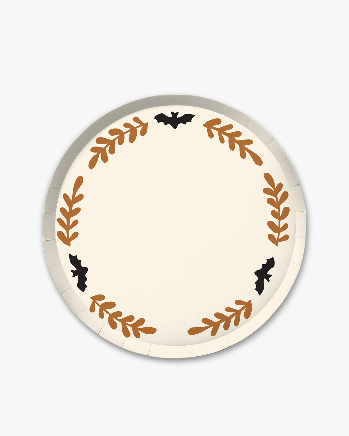 Cream colored paper plate with orange colored fern stem border and black bat detailing. 