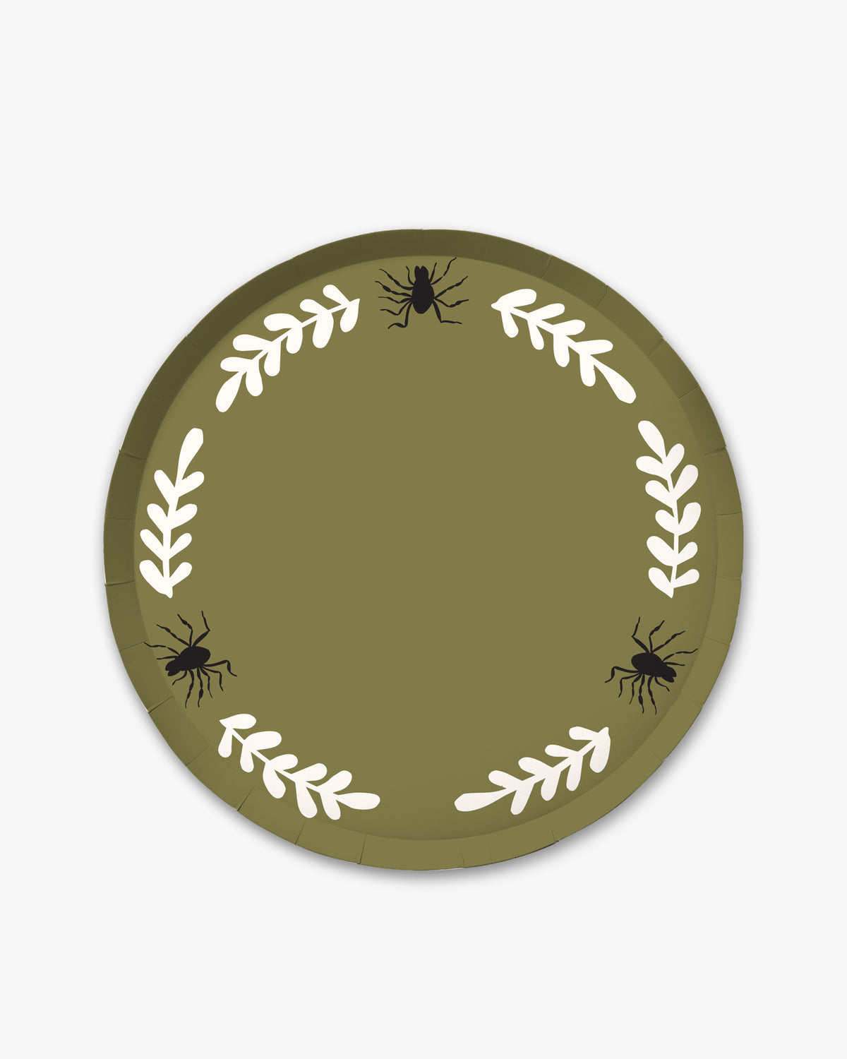 Olive colored paper plate with white colored fern stem border and black spider detailing. 