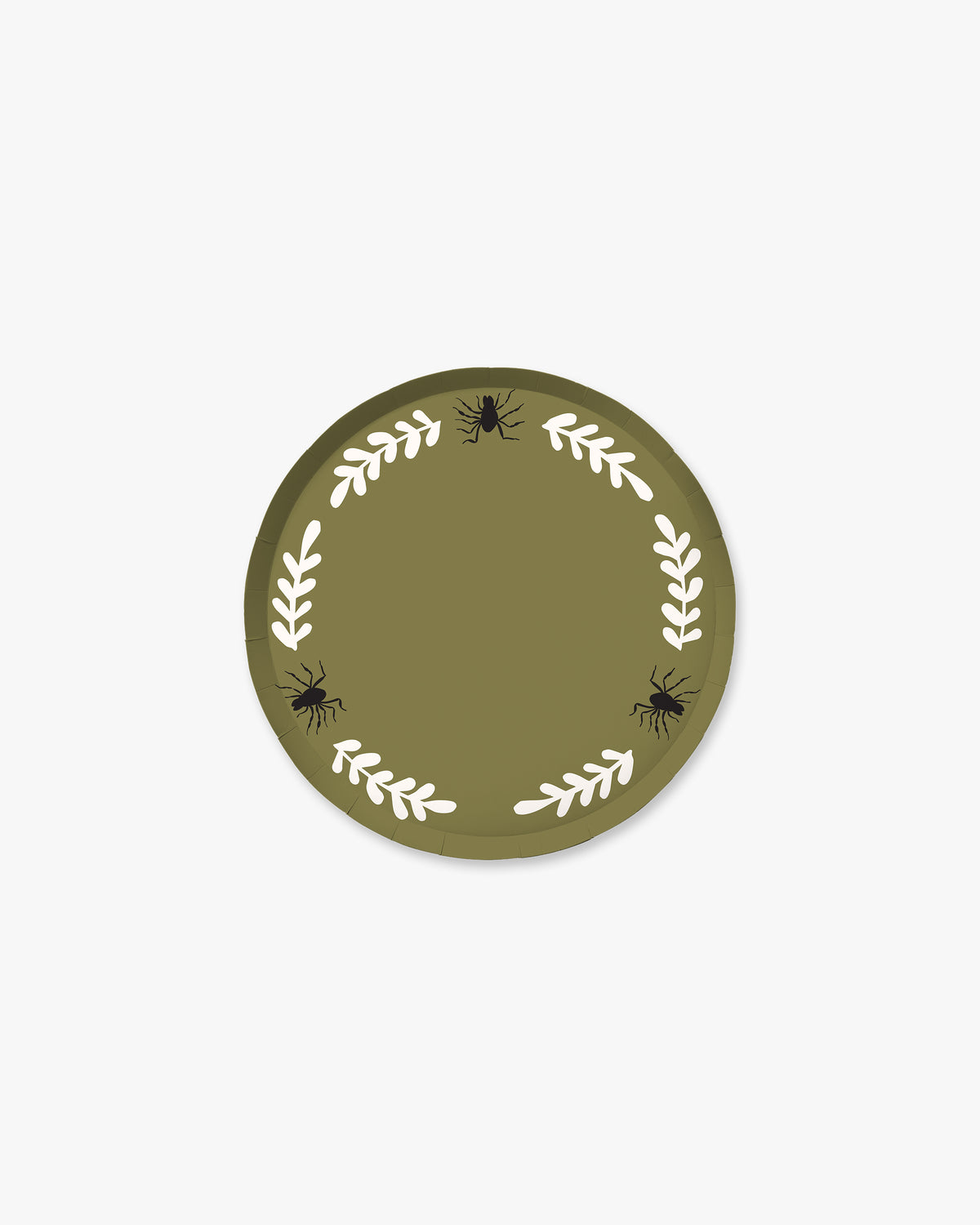 Olive colored paper plate with white colored fern stem border and black spider detailing. 