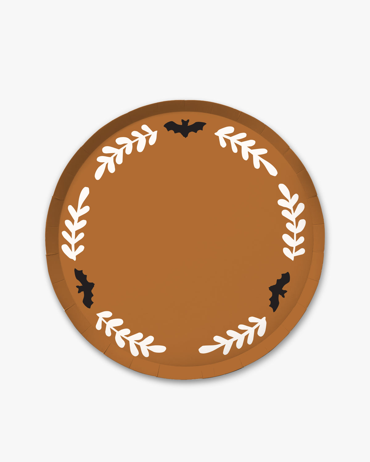Orange colored paper plate with white colored fern stem border and black bat detailing. 