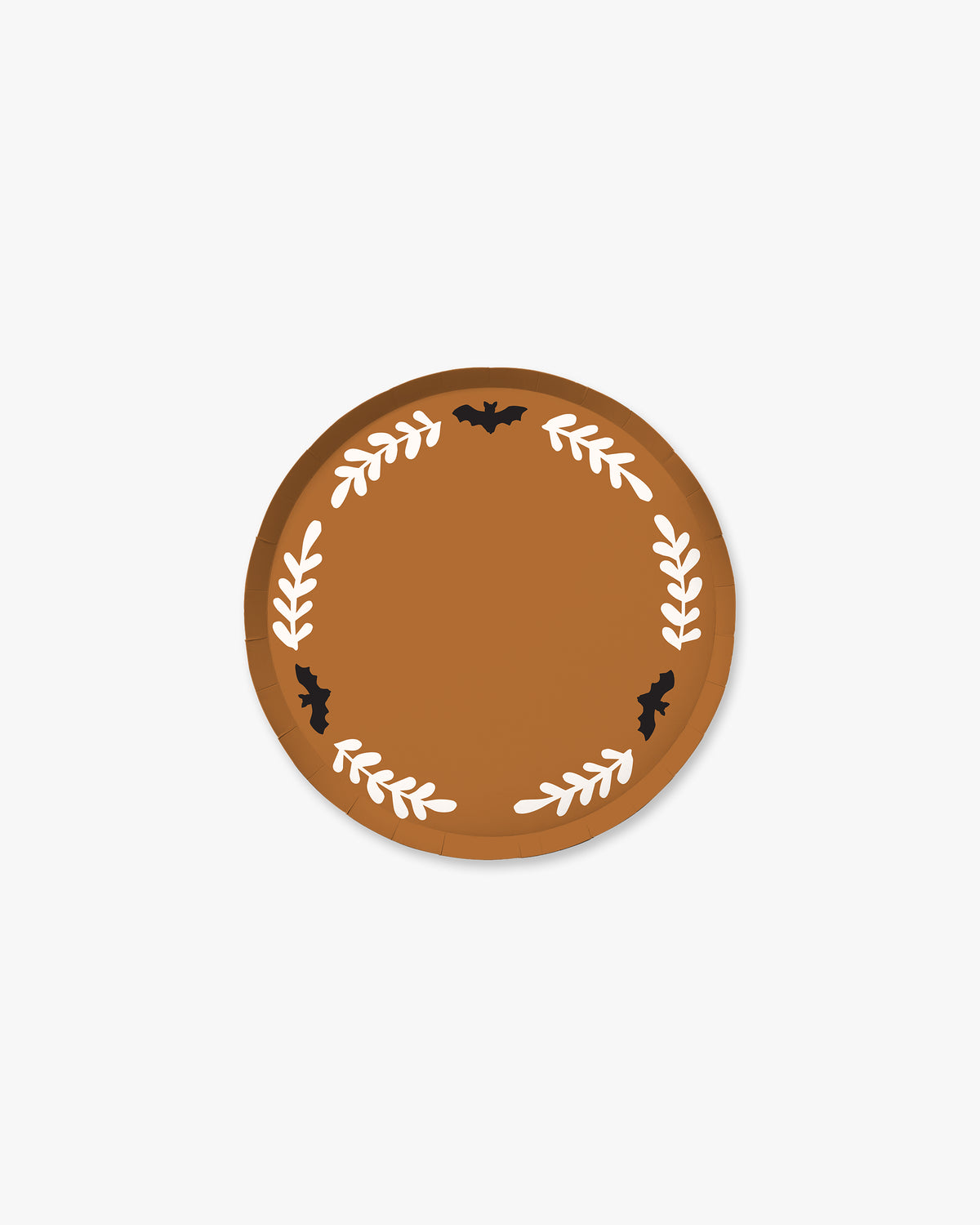 Orange colored paper plate with white colored fern stem border and black bat detailing. 