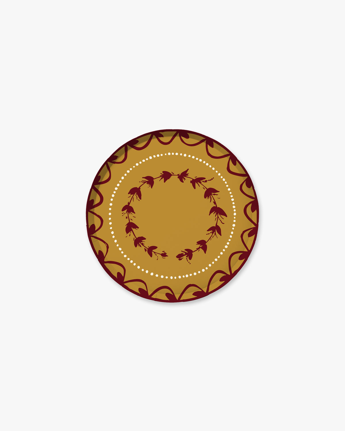 7-inch round decorative paper plate in a warm maple brown with burgundy floral and scalloped border details and a white dotted inner circle.