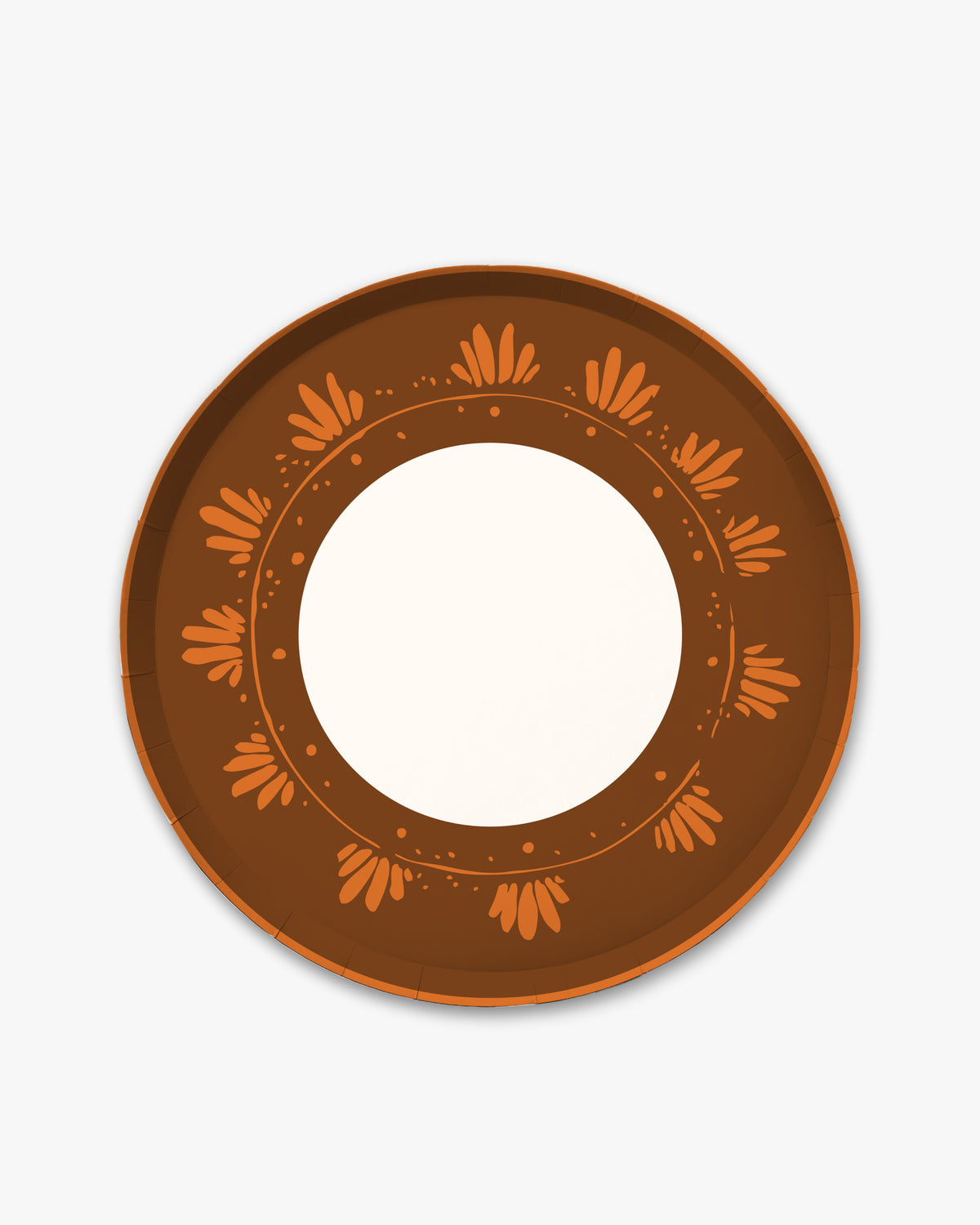 10.5-inch round decorative paper plate in rich cider brown with an orange floral border and a white center.