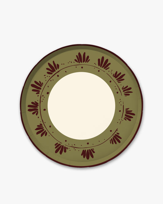 A round decorative plate with a cream center, olive green outer ring, and dark reddish-brown floral motifs around the border, shown on a light gray background.
