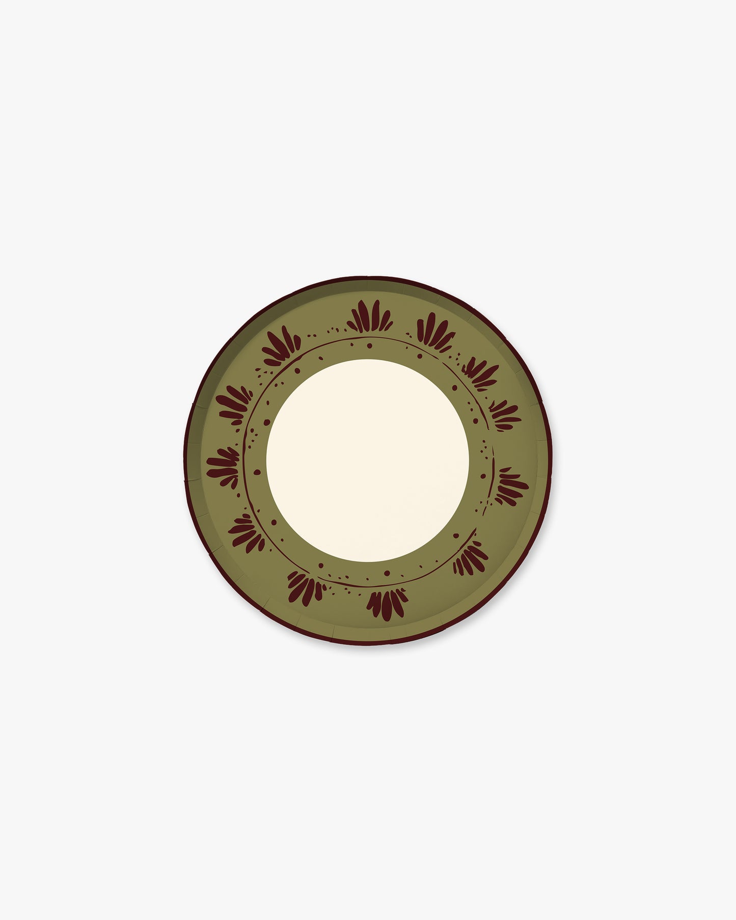 A round decorative plate with a wide olive green border featuring a dark reddish-brown floral pattern and a cream-colored reflective center, shown against a plain white background.