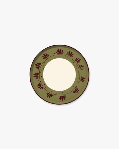 A round decorative plate with a wide olive green border featuring a dark reddish-brown floral pattern and a cream-colored reflective center, shown against a plain white background.