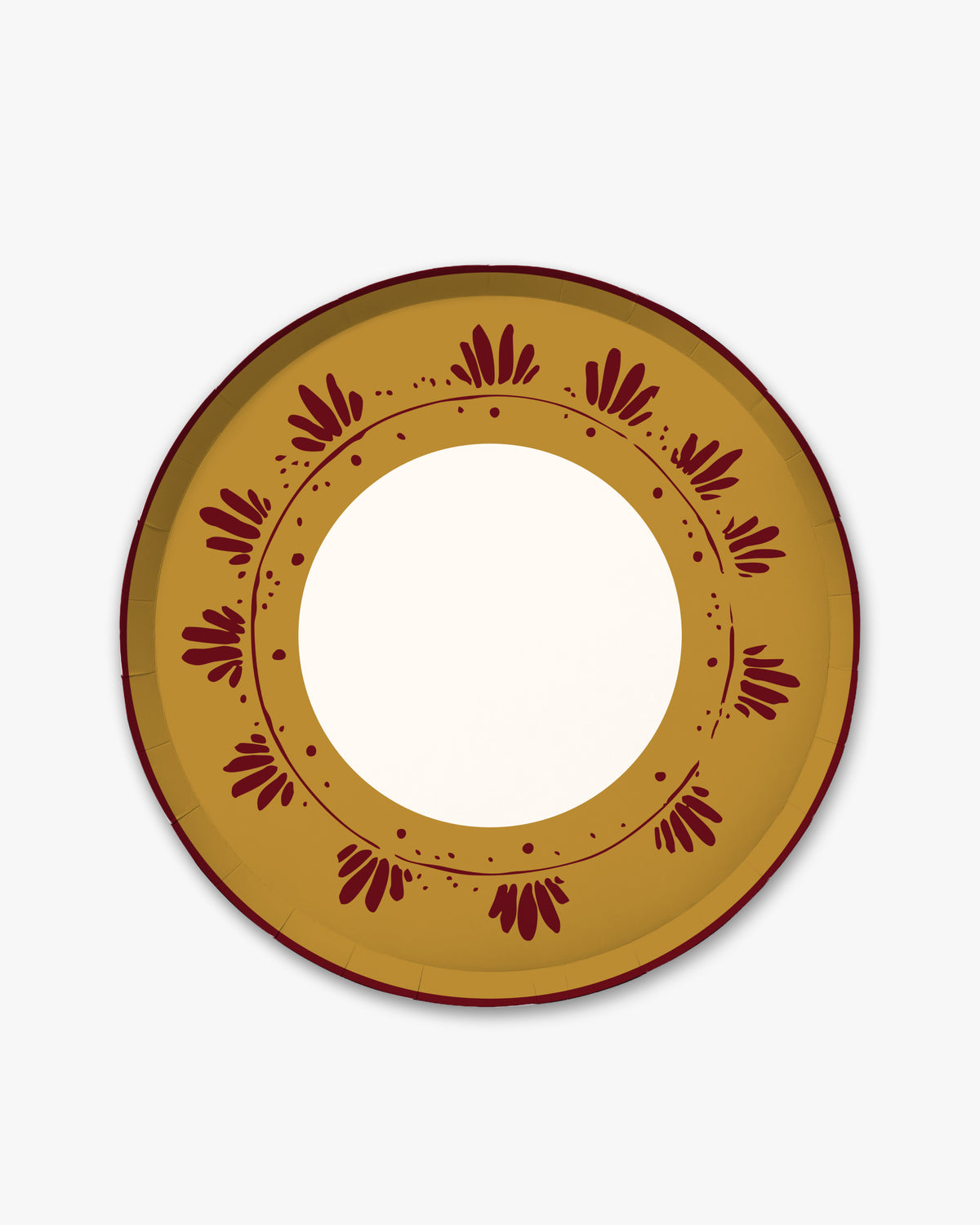 10.5-inch round decorative paper plate in maple brown with a burgundy floral border and a white center.