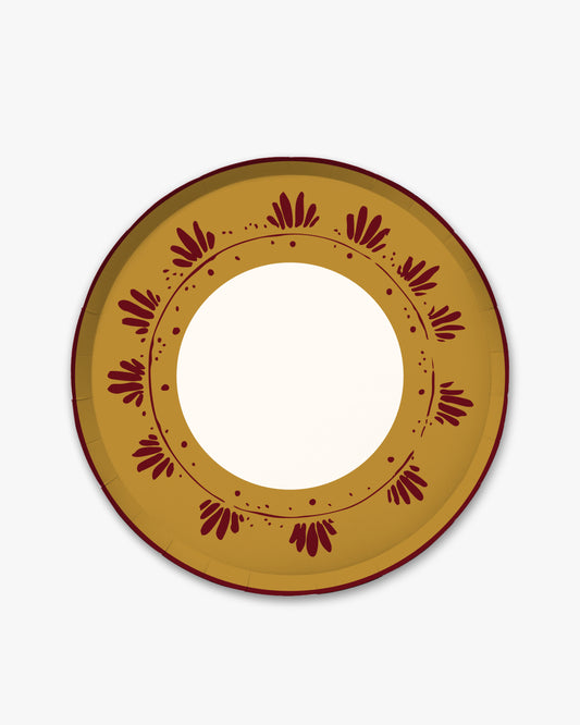 10.5-inch round decorative paper plate in maple brown with a burgundy floral border and a white center.