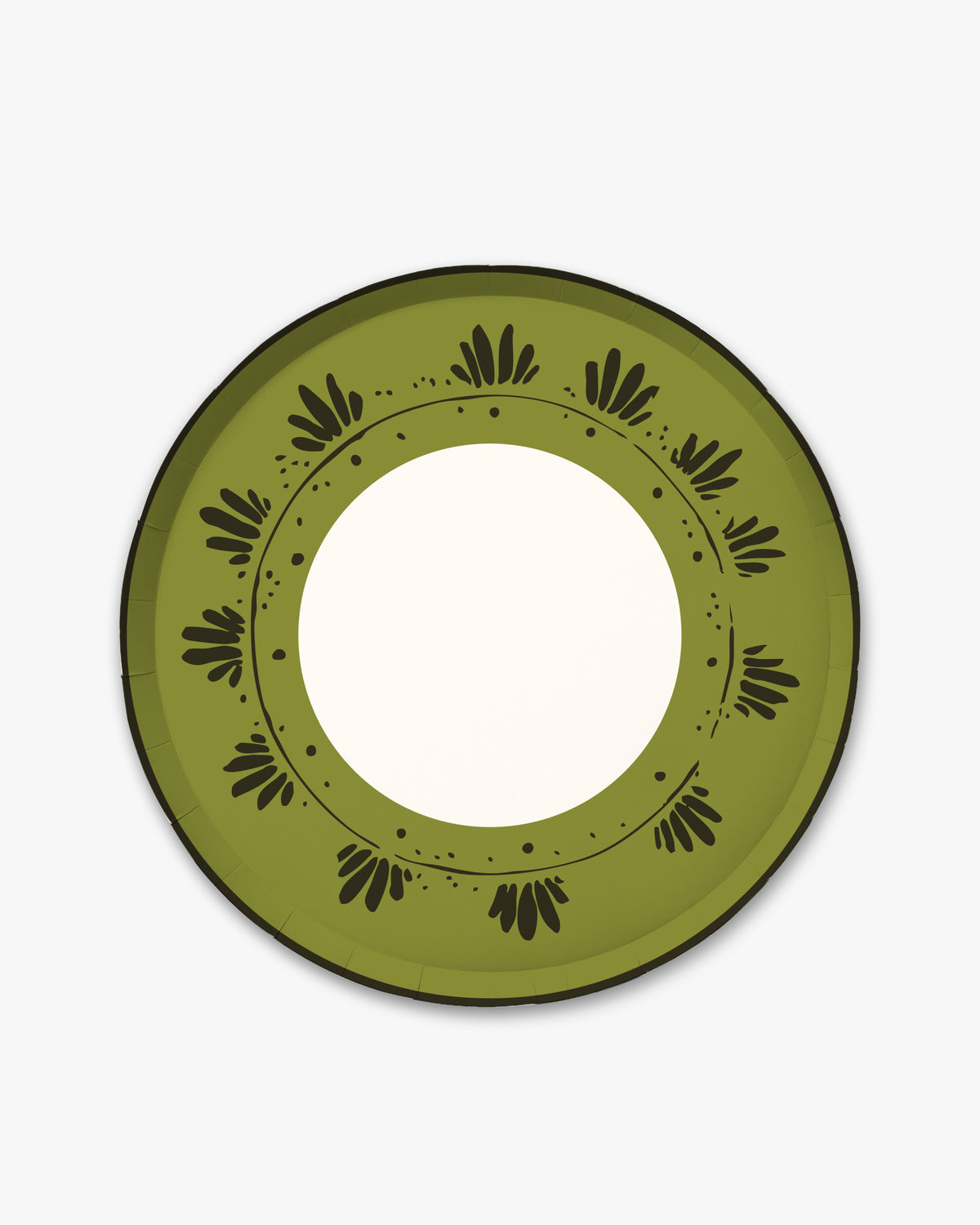 10.5-inch round decorative paper plate in olive green with a dark brown floral border and a white center.