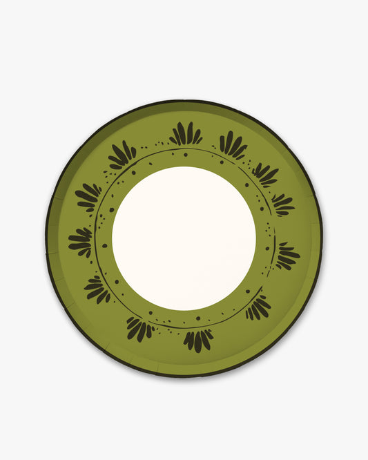 10.5-inch round decorative paper plate in olive green with a dark brown floral border and a white center.