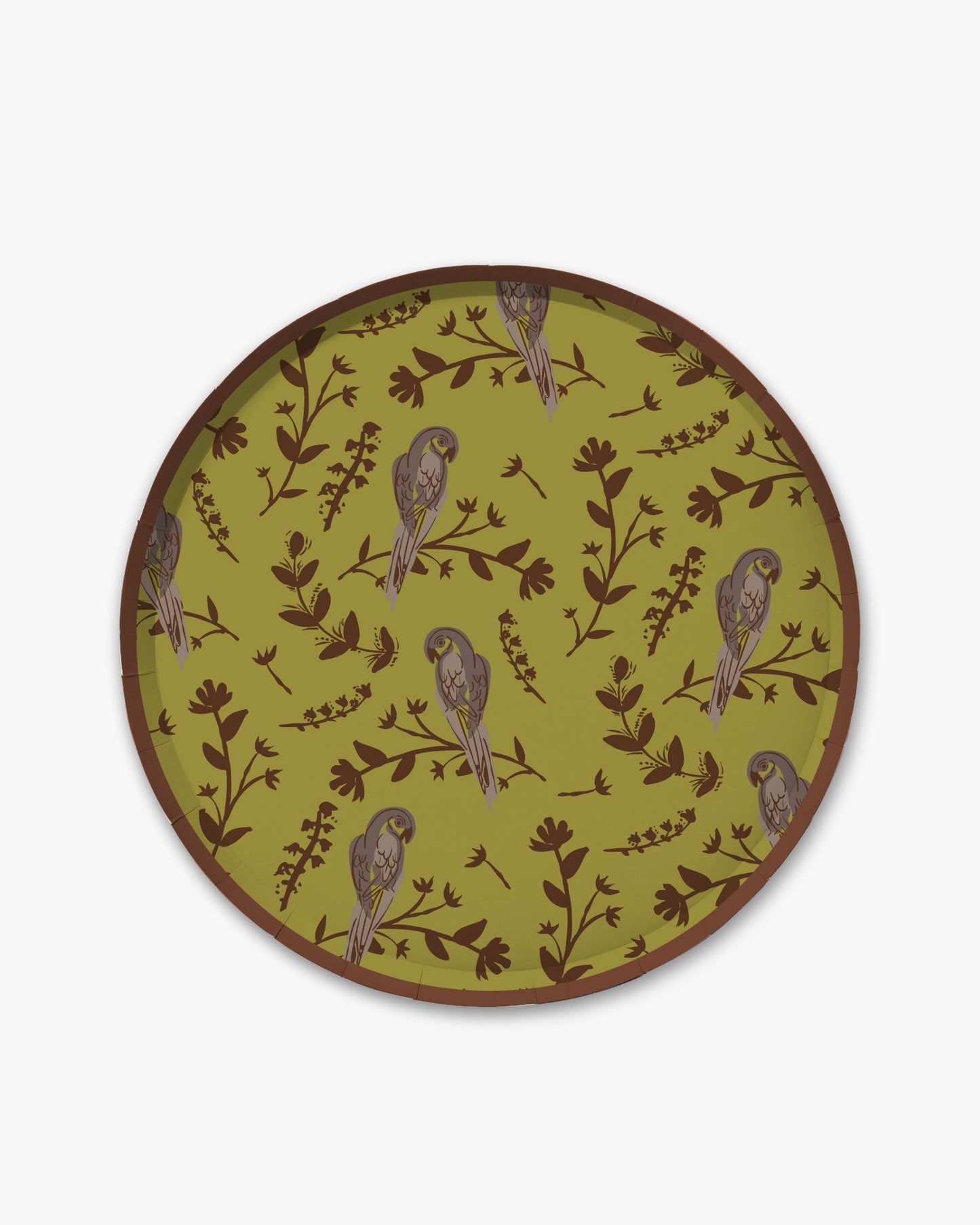 A round decorative plate featuring a vintage-style pattern of brown birds perched on branches over an olive green background, with a dark brown rim, shown on a plain white background.