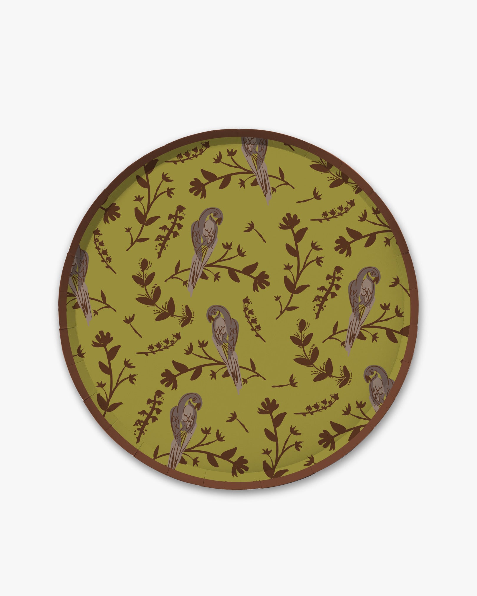 A round decorative plate featuring a vintage-style pattern of brown birds perched on branches over an olive green background, with a dark brown rim, shown on a plain white background.