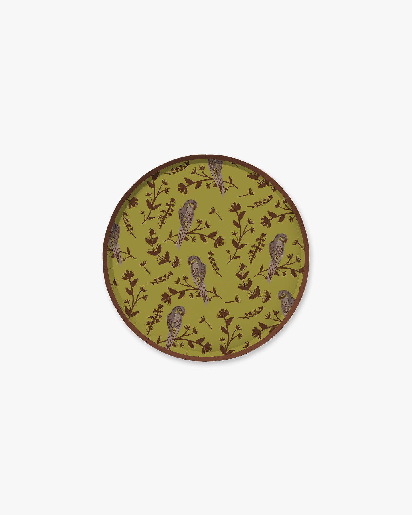 A green plate with a floral and bird pattern.