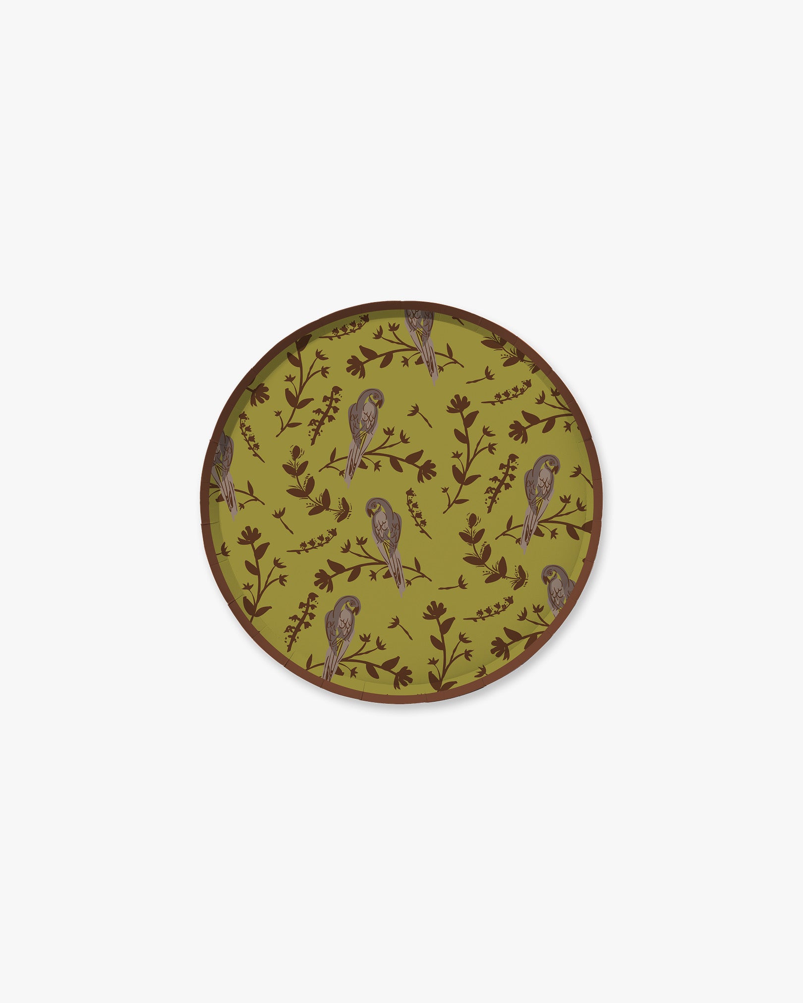 A green plate with a floral and bird pattern.