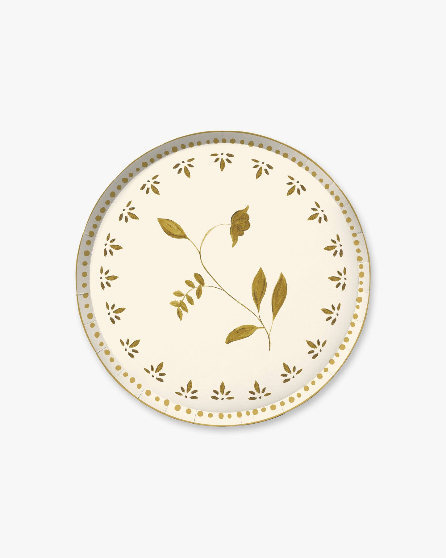 A round paper plate with a cream background, decorated with a central olive branch motif in metallic gold and a border of small gold leaf cutouts and dots, shown on a light gray background.