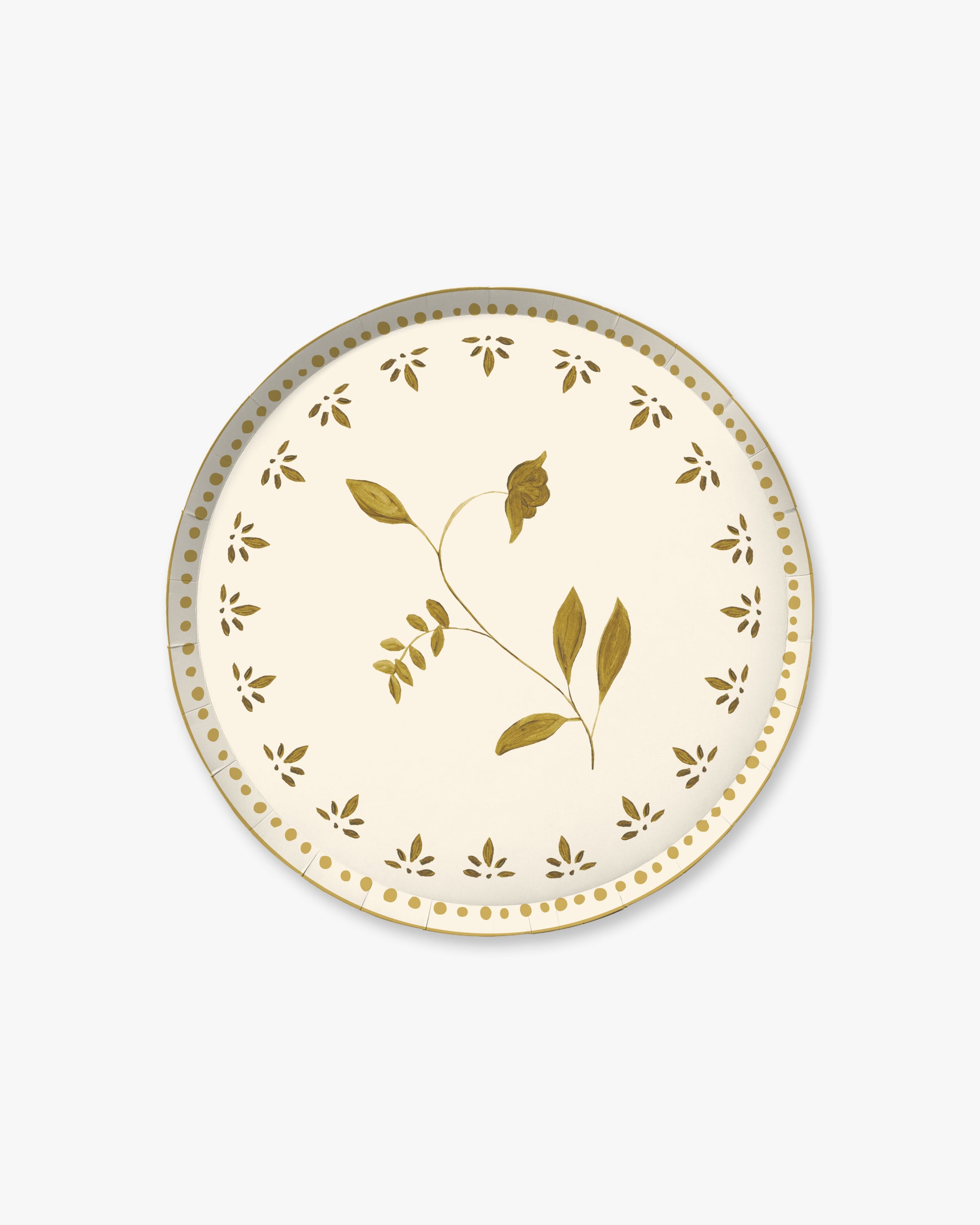 A round paper plate with a cream background, decorated with a central olive branch motif in metallic gold and a border of small gold leaf cutouts and dots, shown on a light gray background.