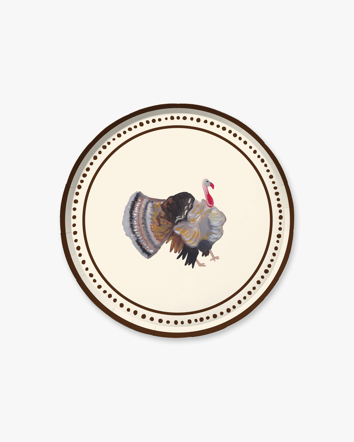 A round decorative plate featuring a detailed illustration of a male wild turkey in the center, surrounded by a cream background and a dark brown border with dotted accents.