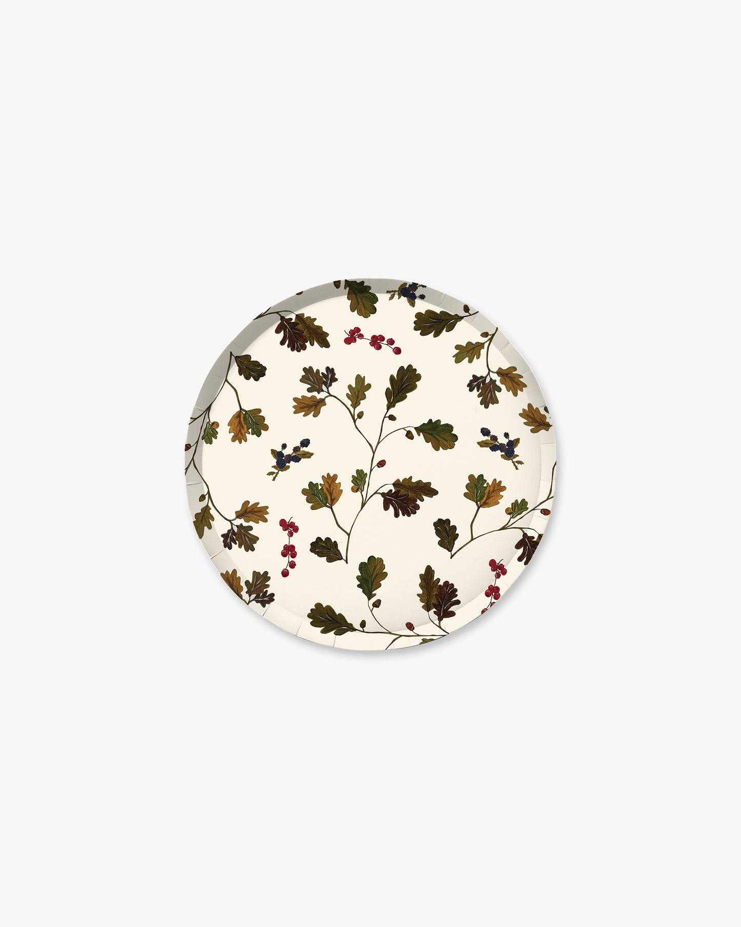 A round decorative plate featuring a vintage botanical pattern of oak leaves and small berries on an off-white background, shown against a plain light gray backdrop.