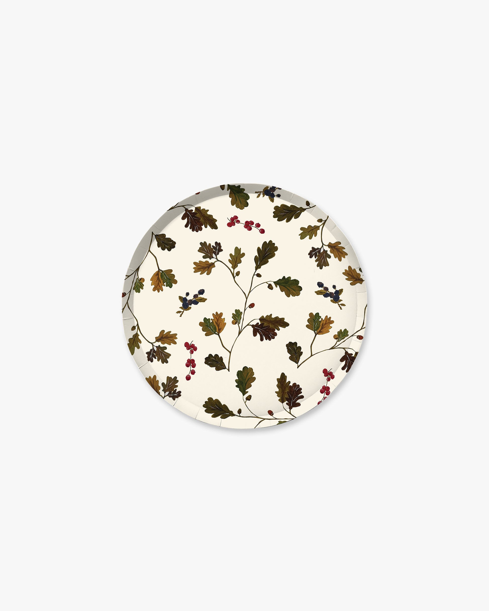 A round decorative plate featuring a vintage botanical pattern of oak leaves and small berries on an off-white background, shown against a plain light gray backdrop.