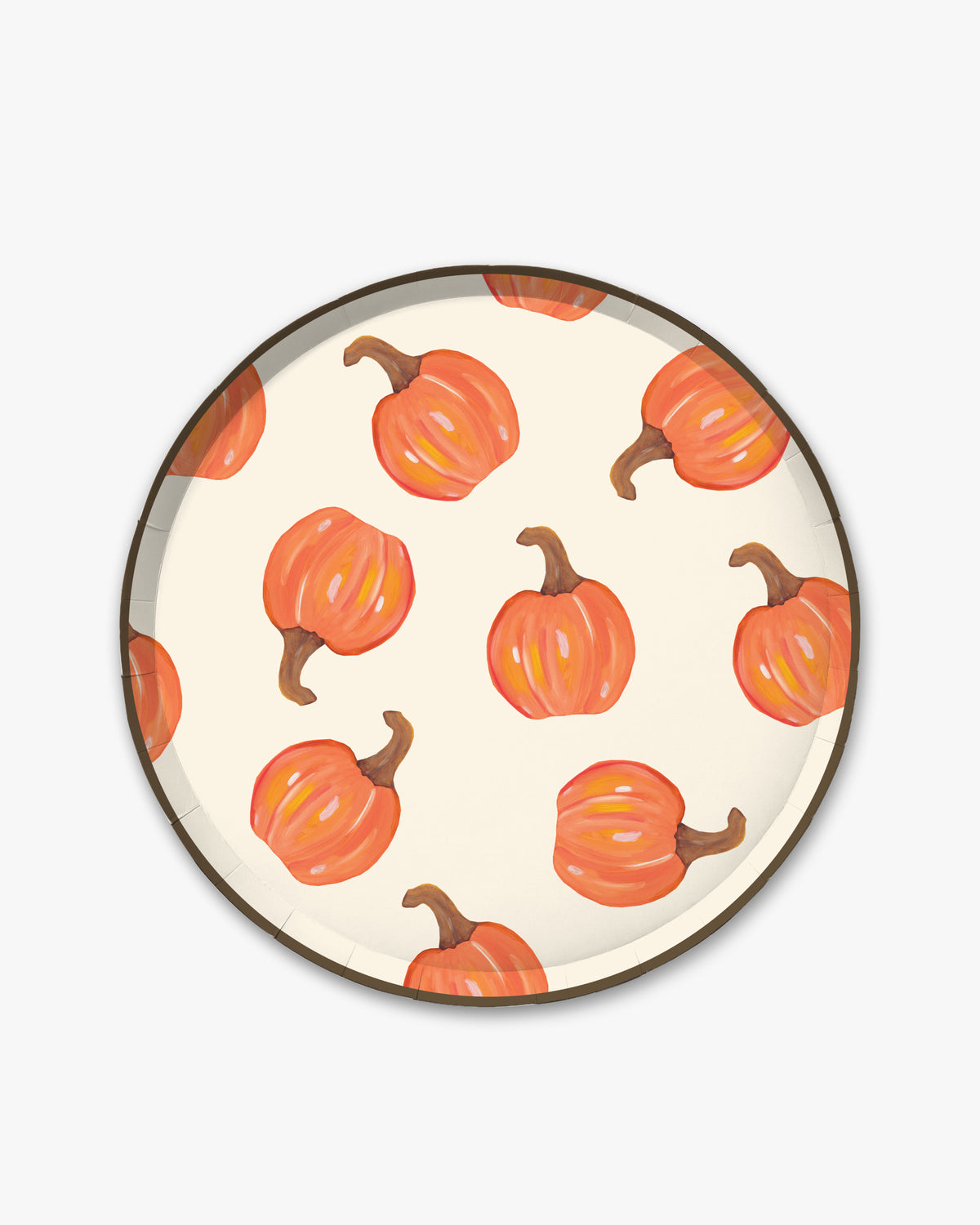 Cream colored paper plate with orange pumpkin pattern and a dark brown edge. 