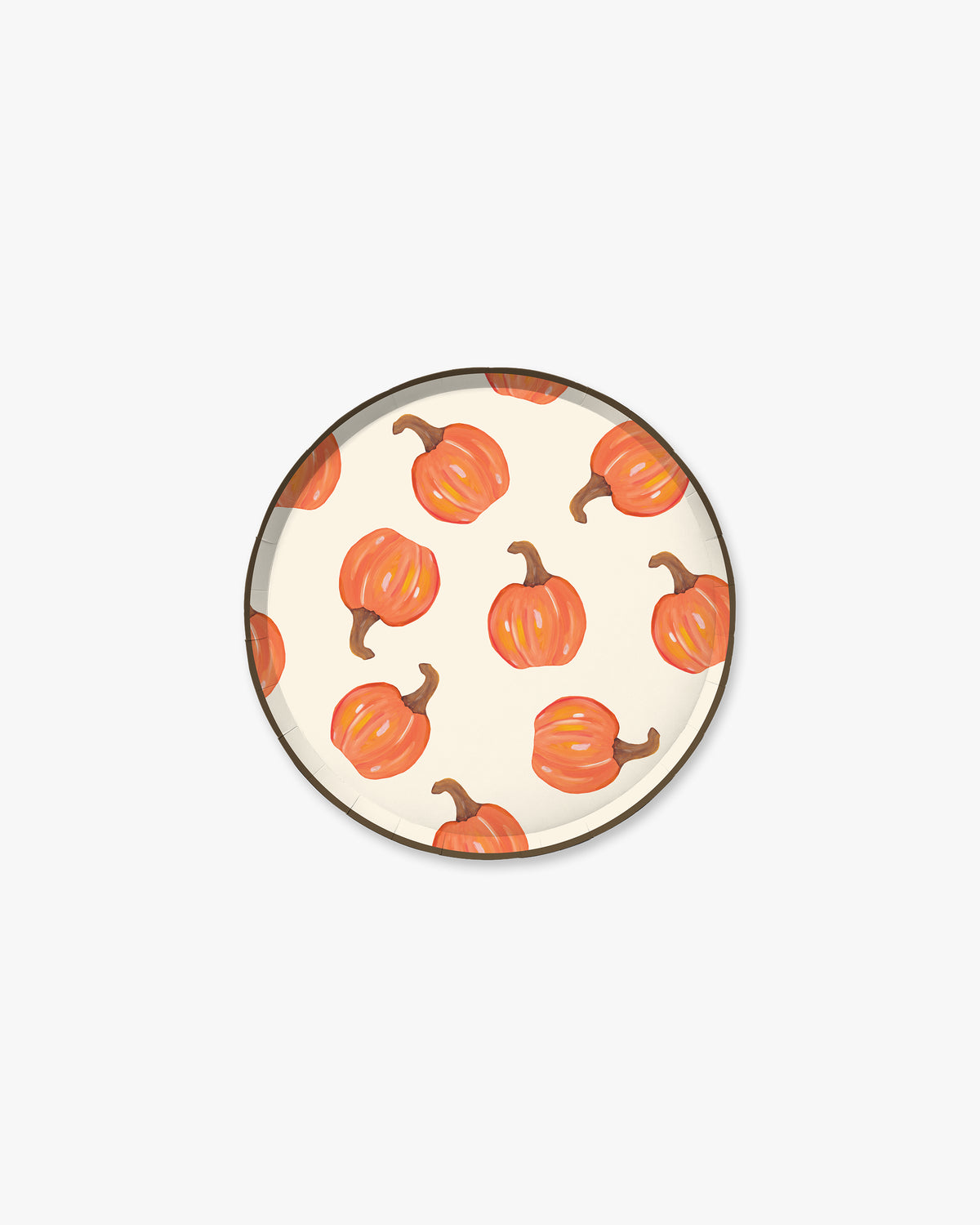 Cream colored paper plate with orange pumpkin pattern and a dark brown edge. 