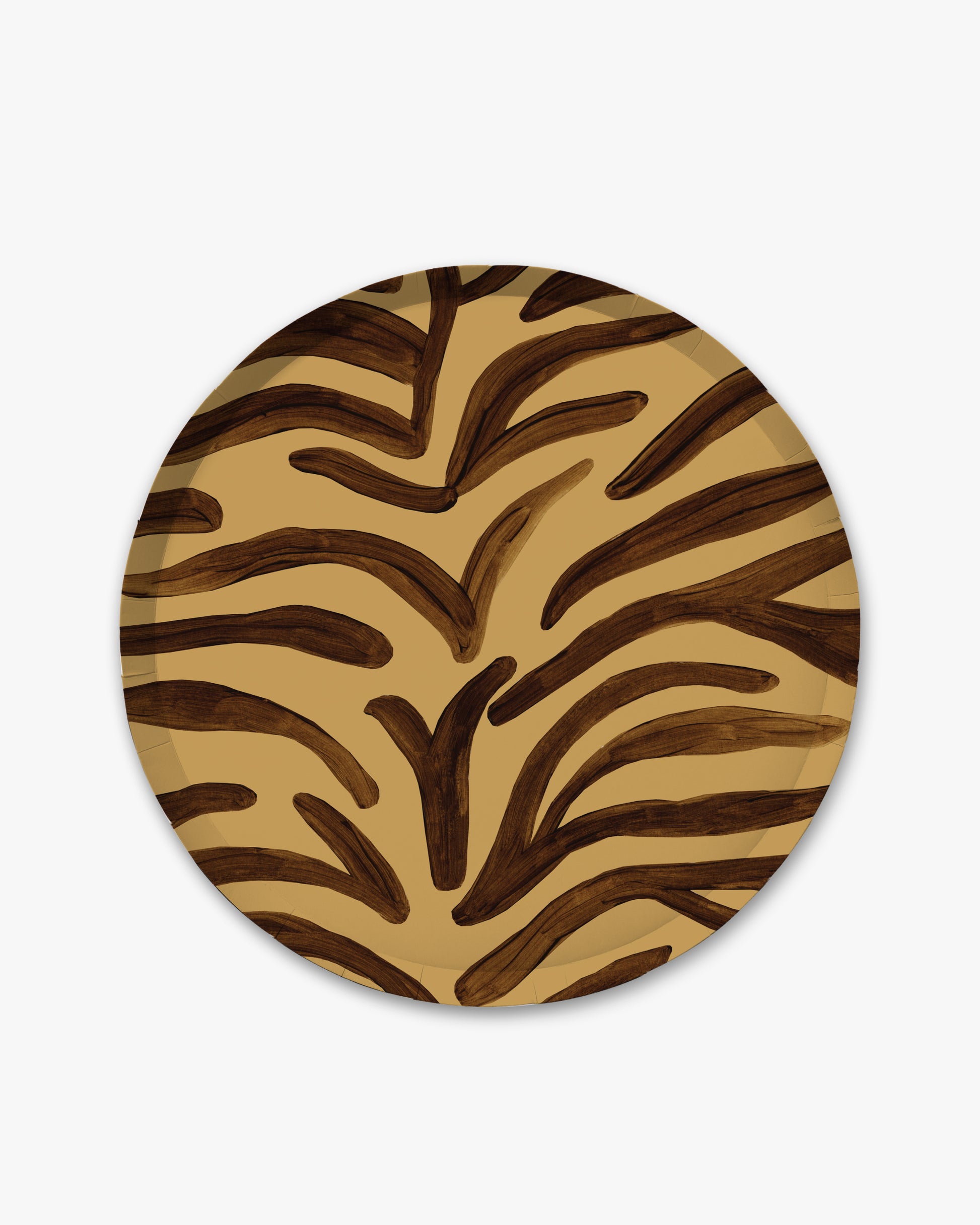 A round decorative plate featuring a bold zebra-like animal print pattern in dark brown and tan, shown against a plain light gray background.