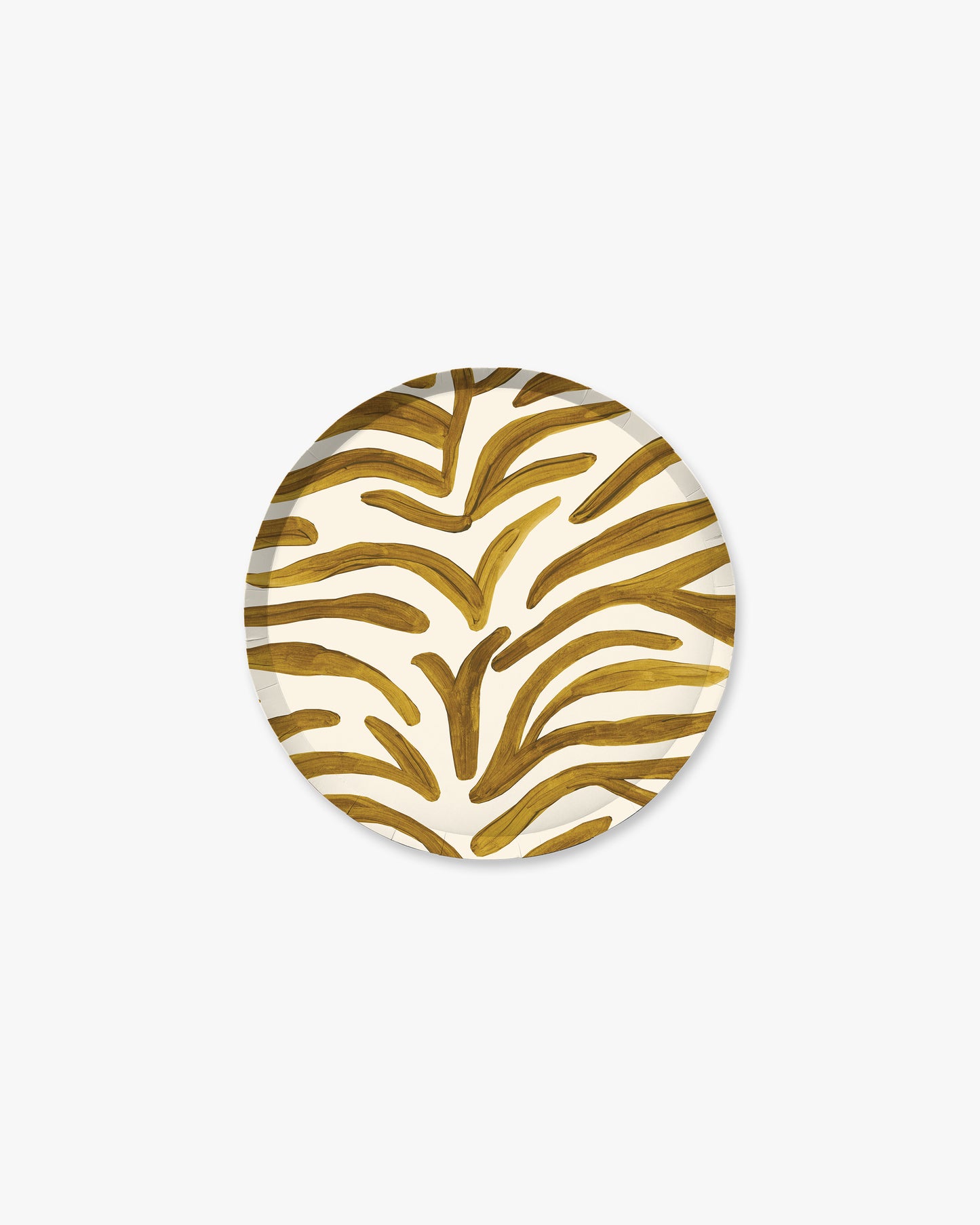 A round paper plate featuring a gold zebra-stripe pattern on a white background, centered on a light gray studio backdrop.