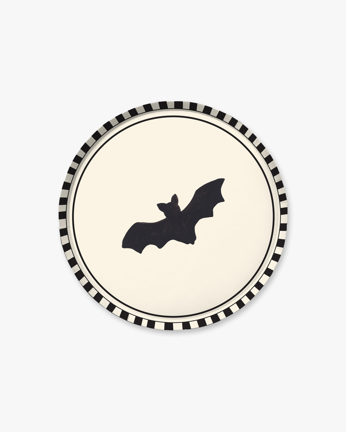 9-inch round decorative paper plate with a cream center, black bat silhouette, black double-line border, and black-and-white striped rim.