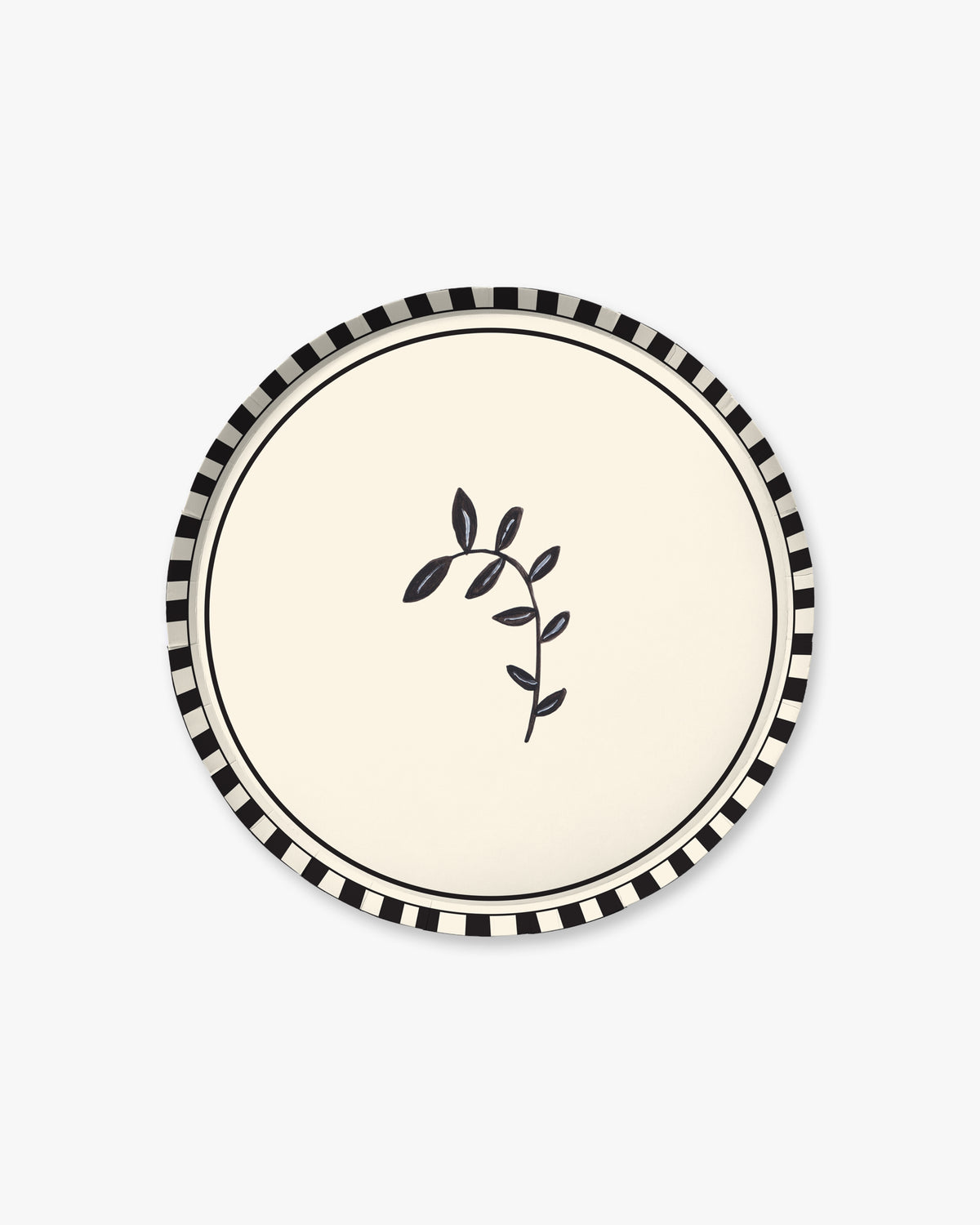 9-inch round decorative paper plate with a cream center, black branch silhouette, black double-line border, and black-and-white striped rim.