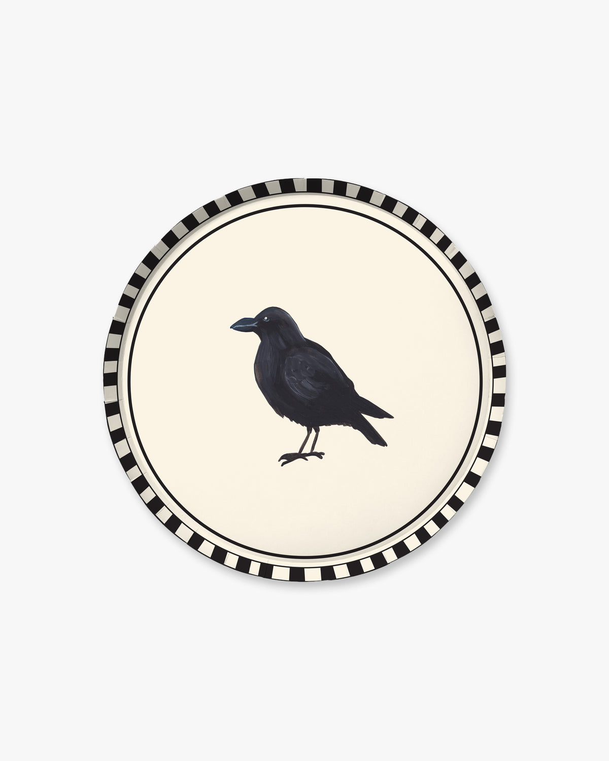 9-inch round decorative paper plate with a cream center, black crow silhouette, black double-line border, and black-and-white striped rim.