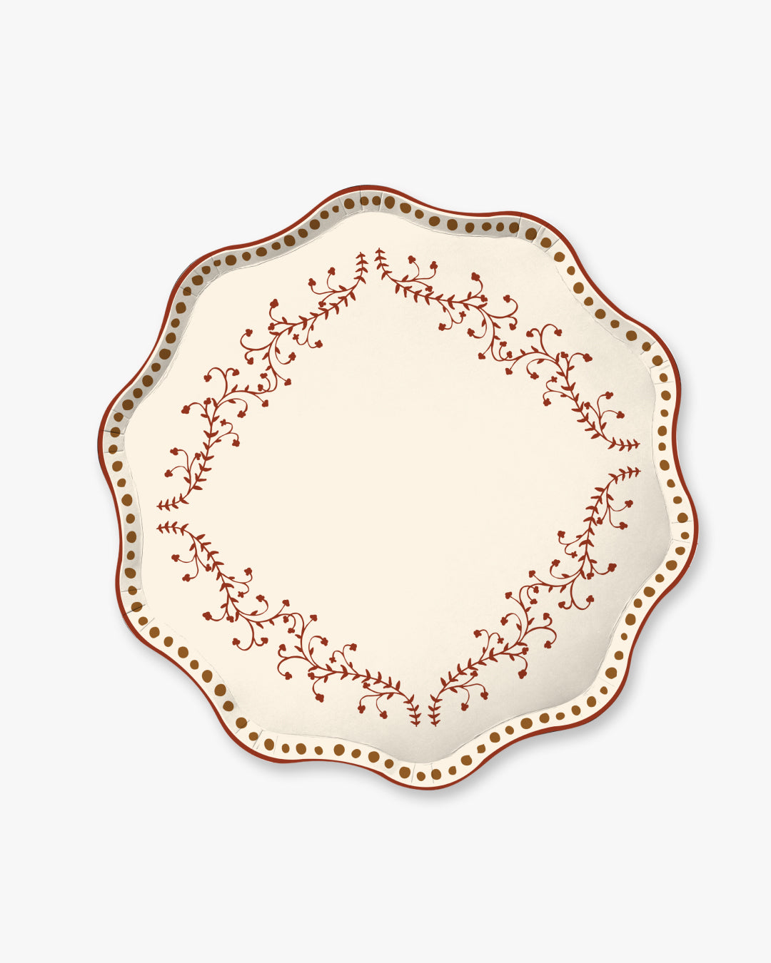 A  plate with a scalloped rim, featuring a cream-colored center and a border decorated with a reddish-brown floral vine pattern and a border of small gold dots, shown on a light gray background.