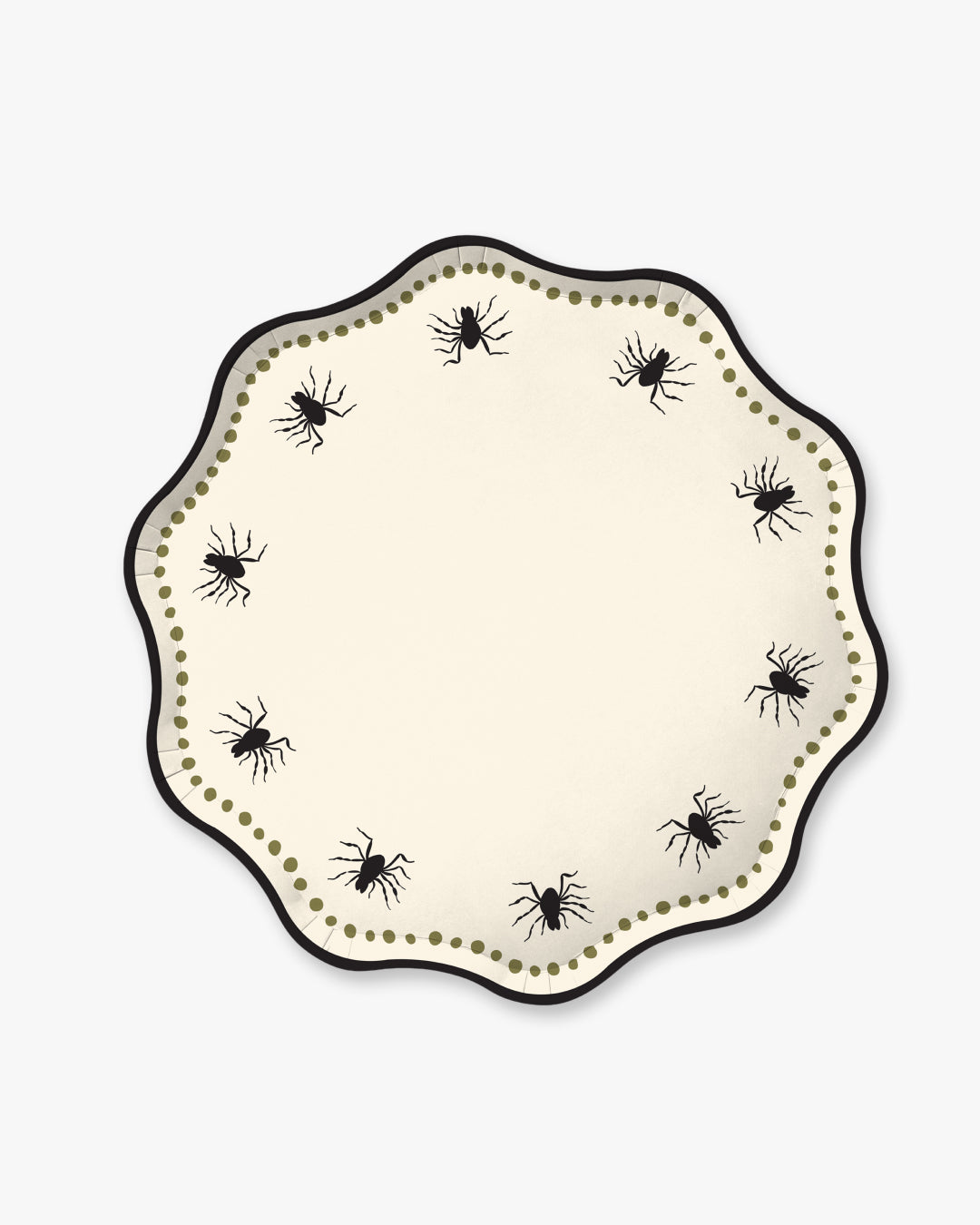 Cream colored paper plate with scalloped edges featuring a dotted olive border and black spider detailing.