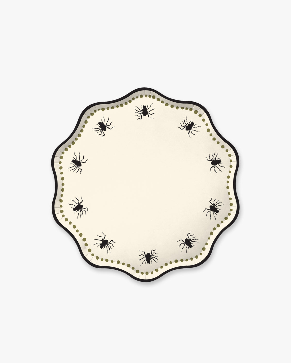 Cream colored paper plate with scalloped edges featuring a dotted olive border and black spider detailing.