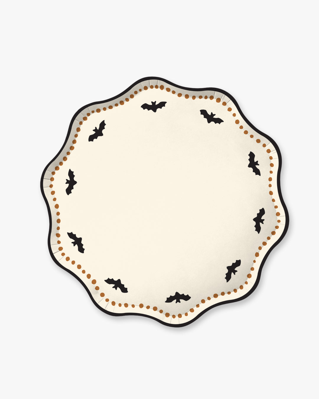 Cream colored paper plate with scalloped edges featuring a dotted orange border and black bat detailing.