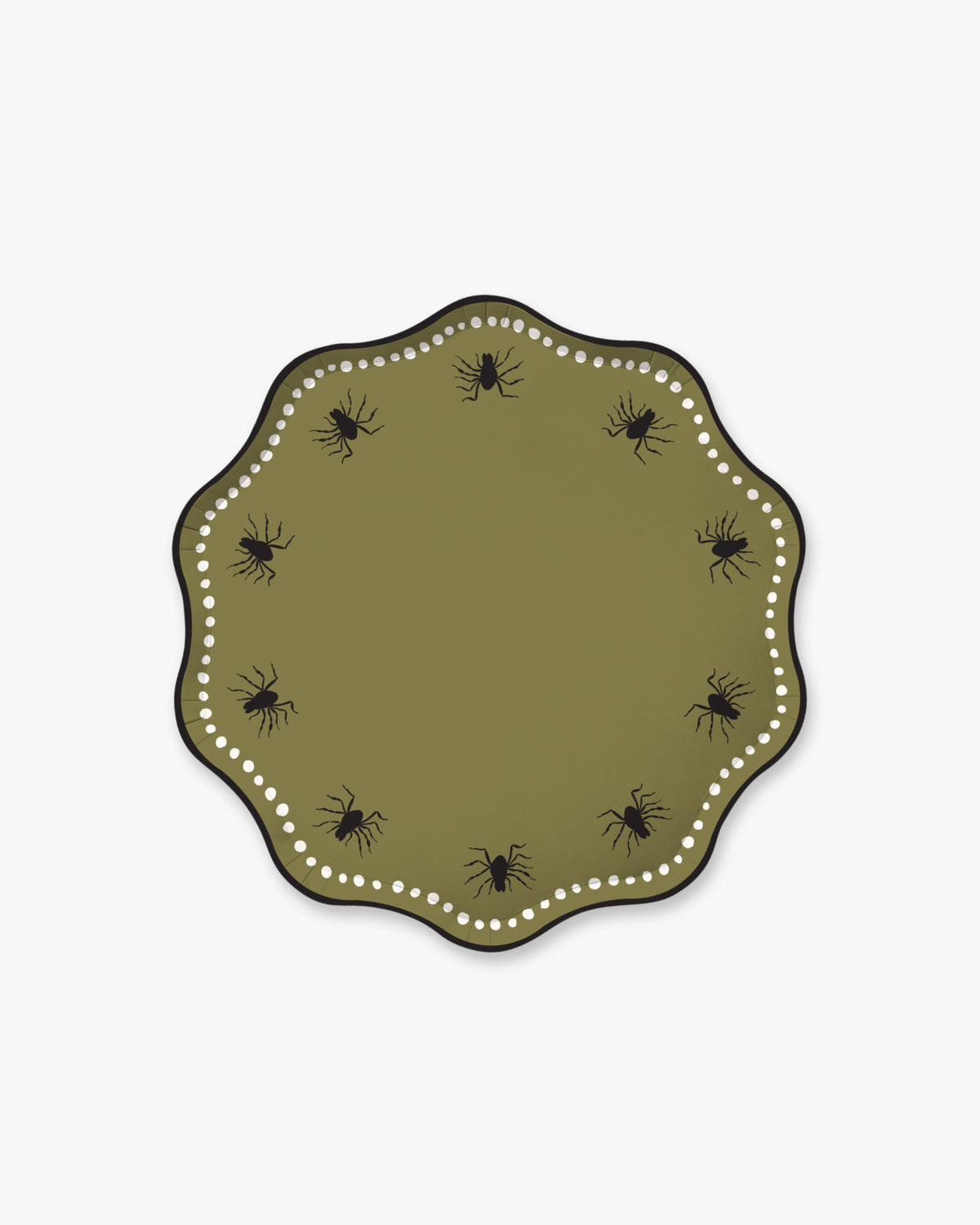 Olive colored paper plate with scalloped edges featuring a dotted white border and black spider detailing.