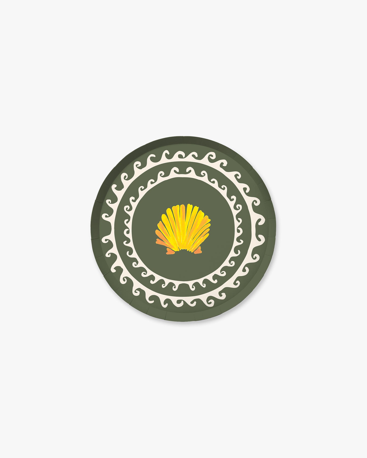 Round paper plate with a yellow shell design on a green background